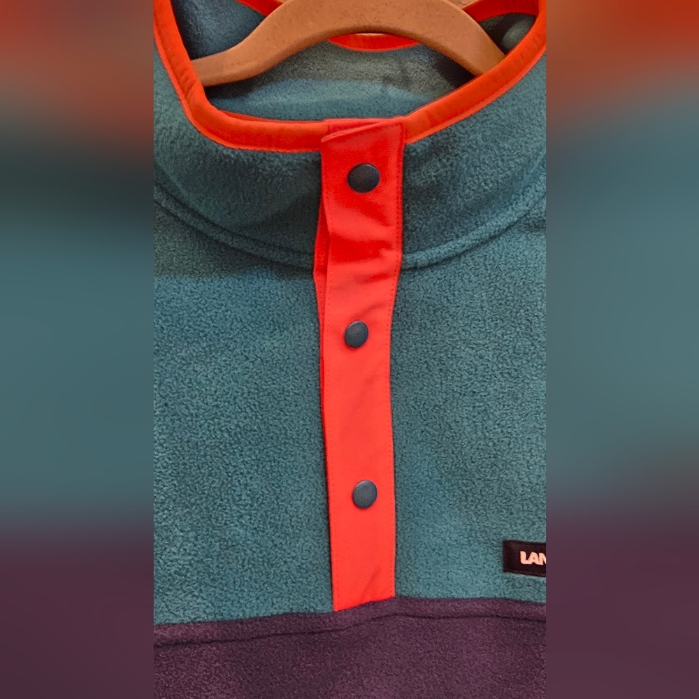 Lands' End Teal & Navy Colorblock Snap Fleece with Coral Trim NWT - Picture 3 of 7